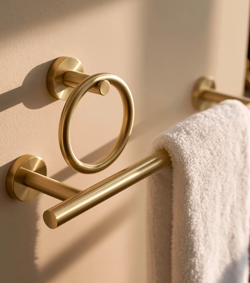 Brushed-gold towel ring and rail with a folded towel, mounted on a warm wall