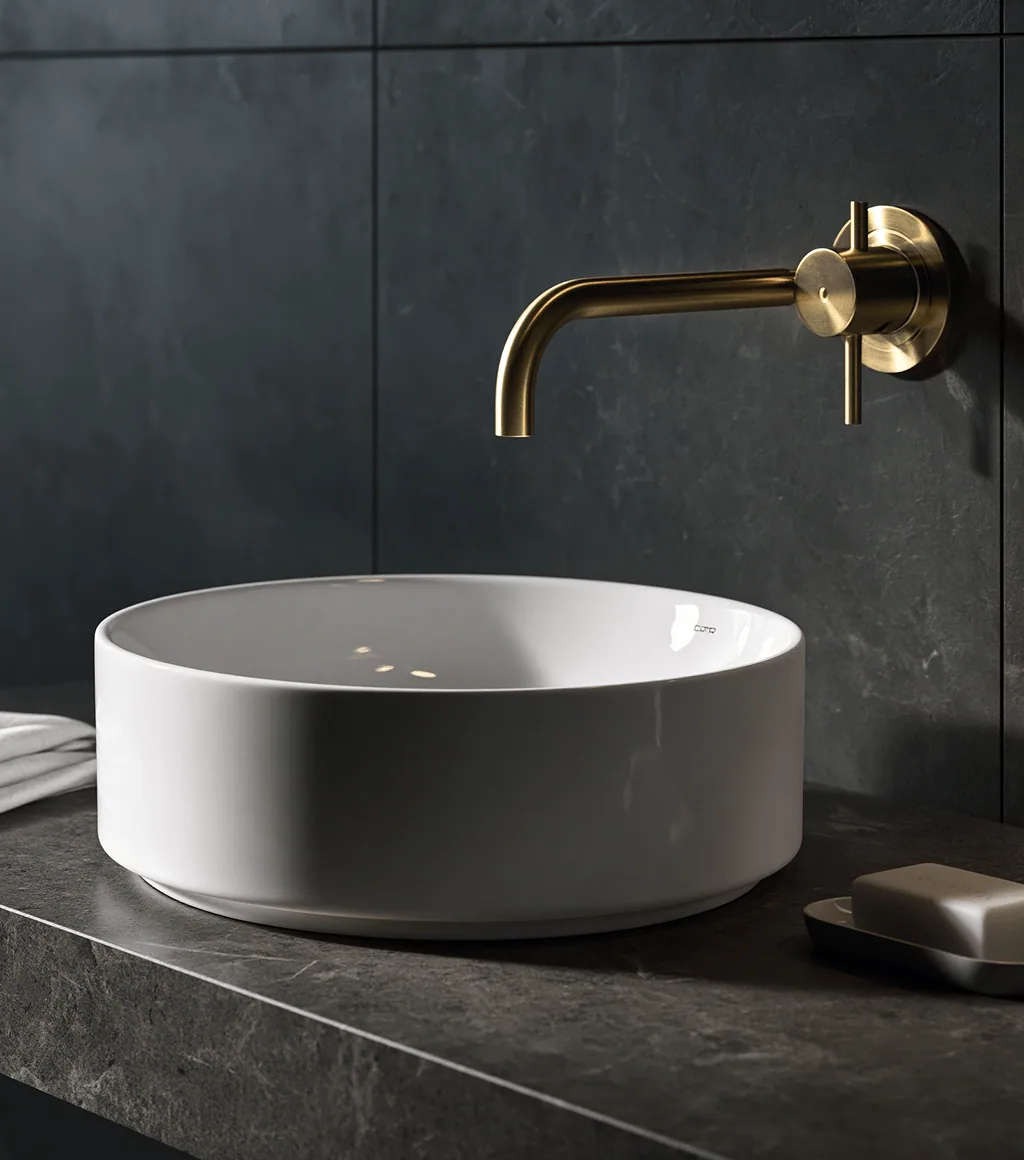 Round white countertop basin on a dark grey stone counter, beneath a wall-mounted brushed-gold spout
