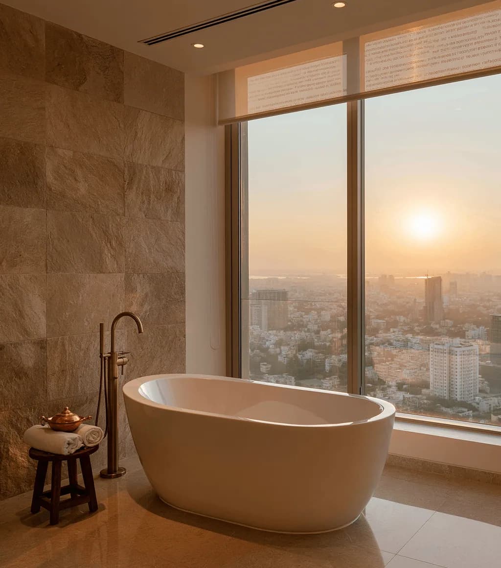White freestanding tub with a floor-mounted faucet, against a beige stone-clad wall with a sunset city view