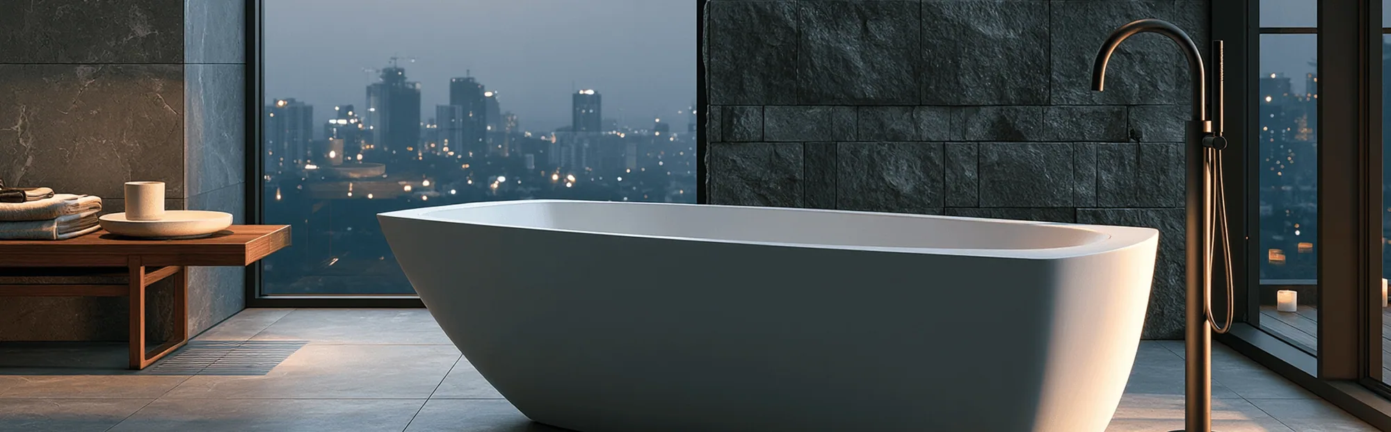 White freestanding tub against a dark stone-clad wall, with a bronze floor-mounted faucet and a dusk city view