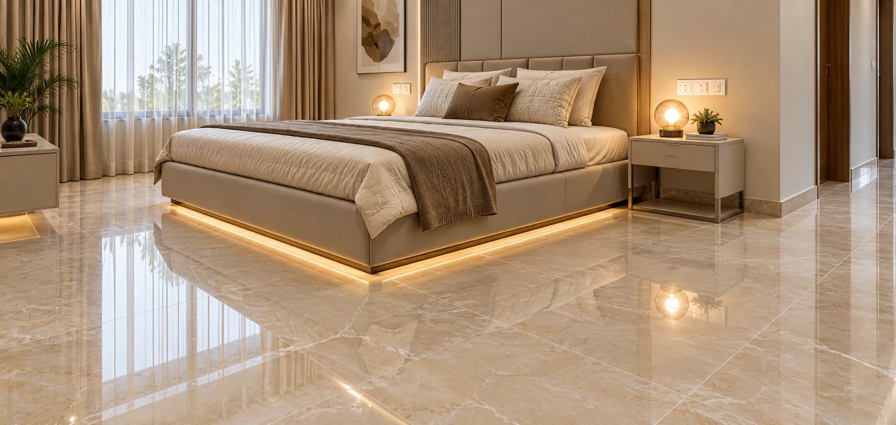 Bedroom floored in polished cream marble-look tile, an upholstered bed lit from beneath it and glass lamps on either side