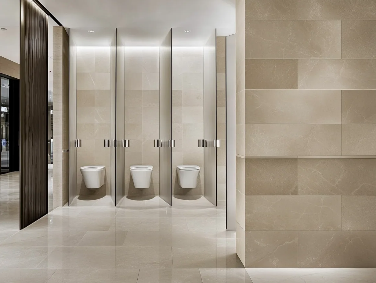 Mall washroom with three glass-partitioned wall-hung toilet stalls, beige large-format tile floor and walls