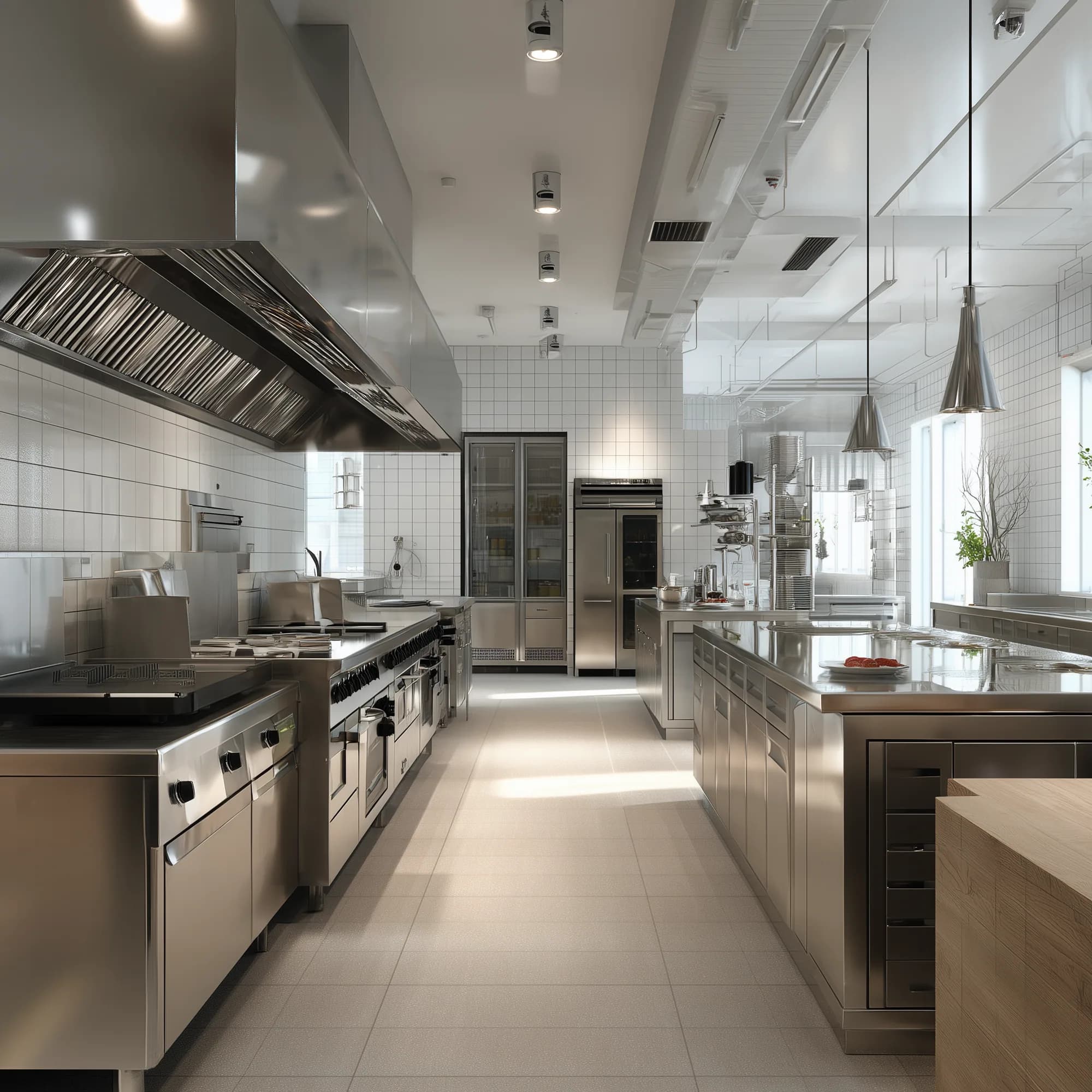 Professional stainless-steel commercial kitchen with white square wall tile and a light grey anti-skid floor