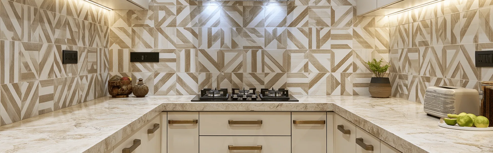 Close crop of a kitchen backsplash in a geometric wood-tone tile, above a marble-look countertop