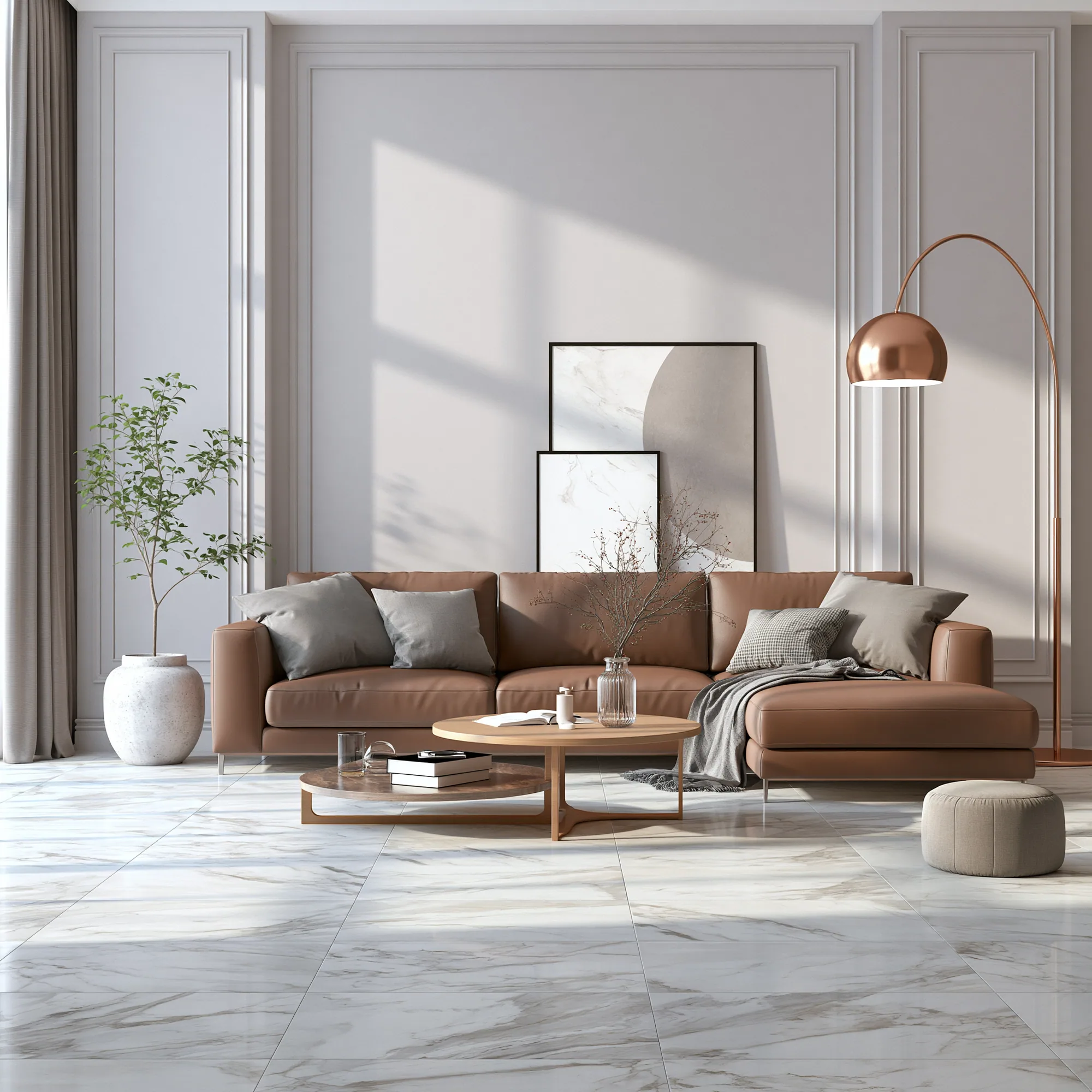 Living room in white and grey marble-look floor tile, with a tan leather sofa and a copper arc floor lamp