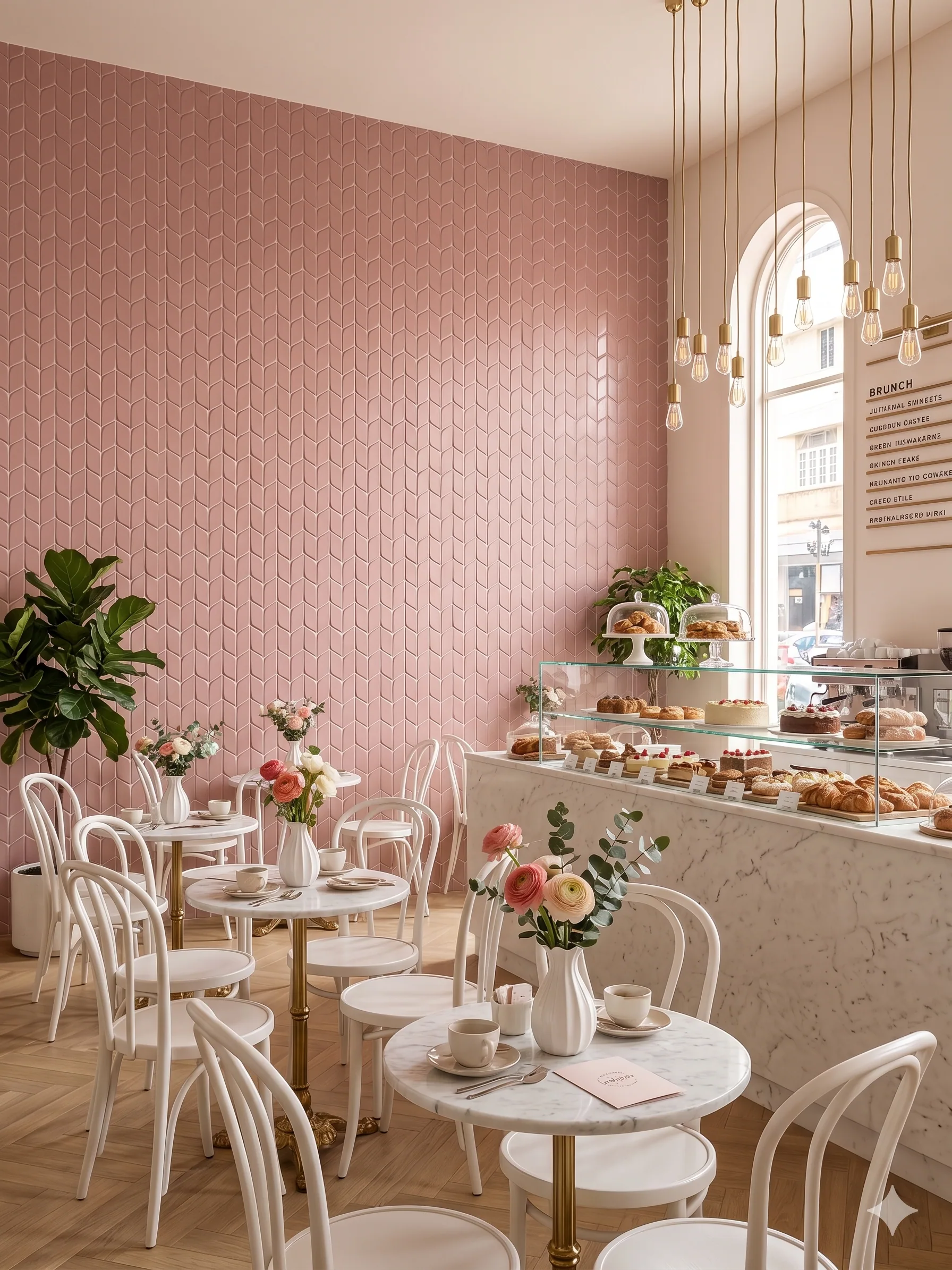 Pink mosaic wall in a café