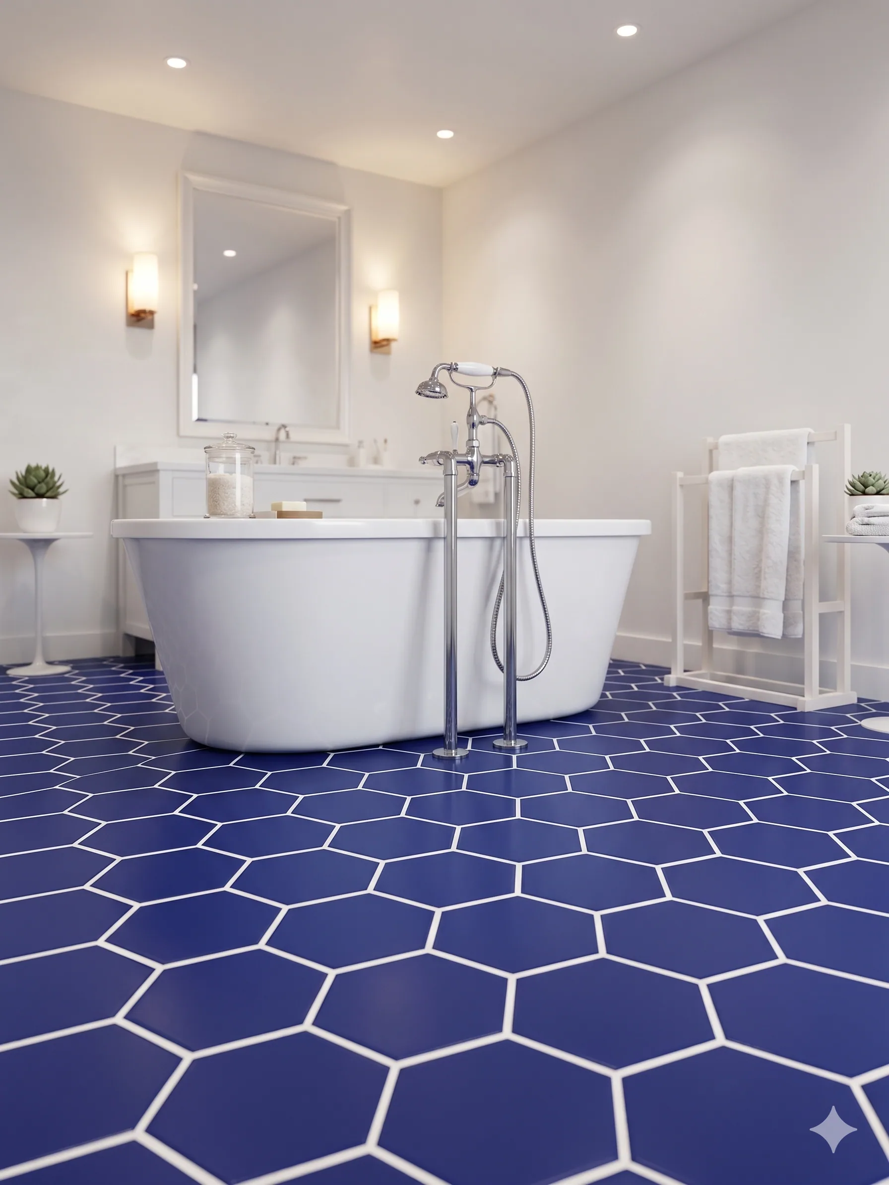 Cobalt hexagonal mosaic floor in a bathroom