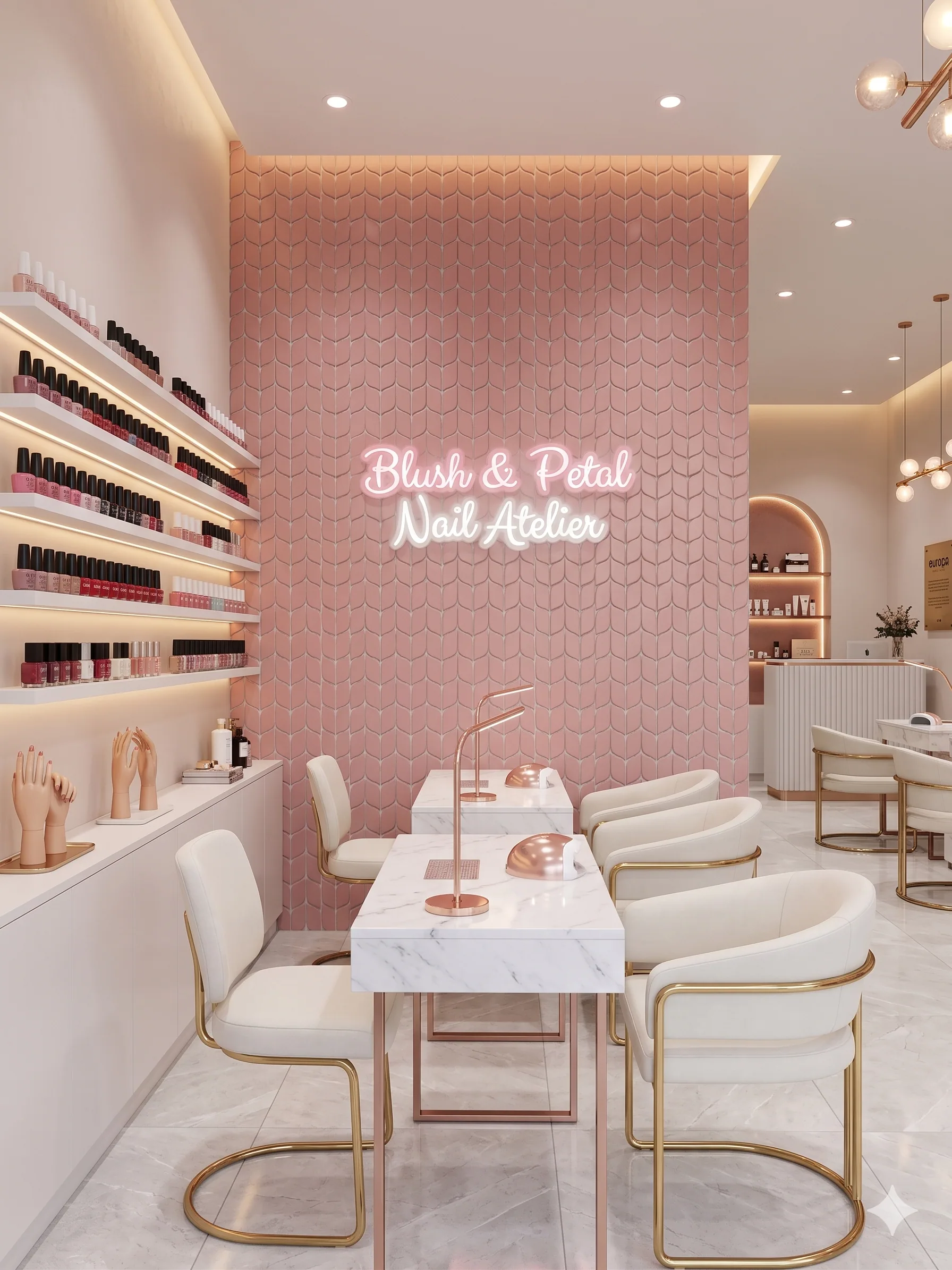 Pink mosaic feature wall in a nail salon