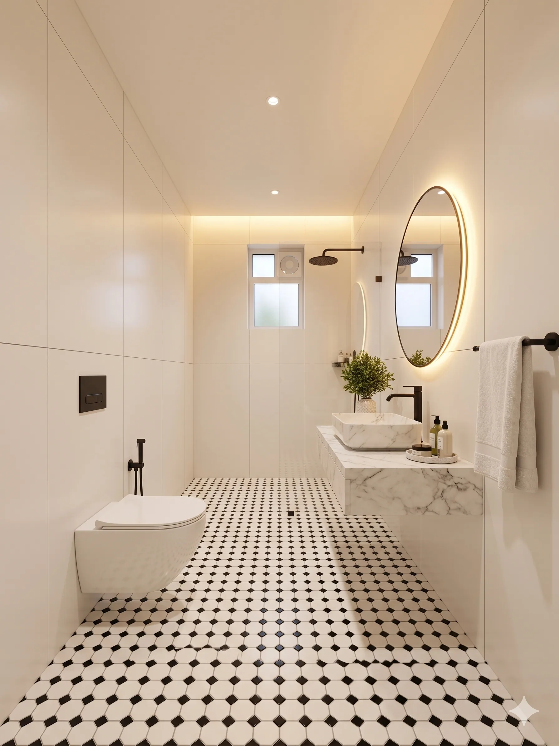 Black-and-white mosaic floor in a long bathroom