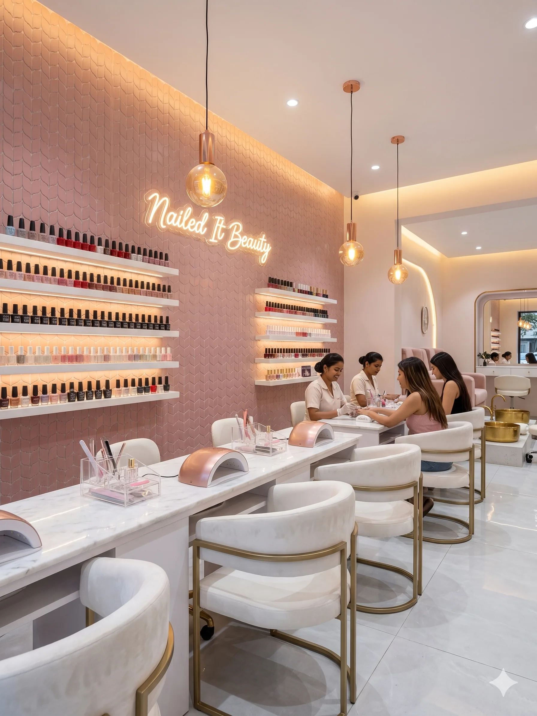 Pink mosaic wall behind a salon counter