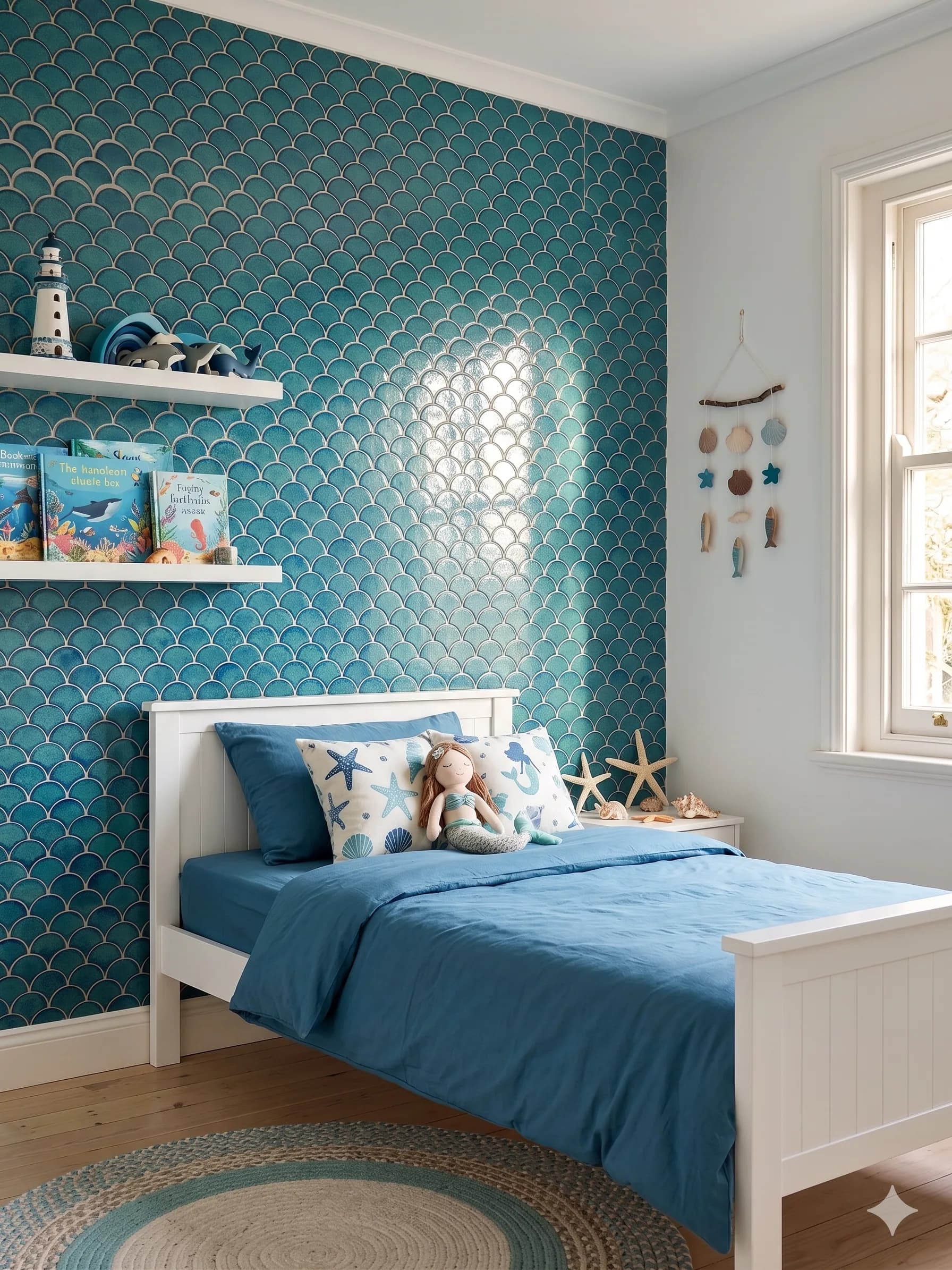 Teal fish-scale mosaic wall in a child's bedroom
