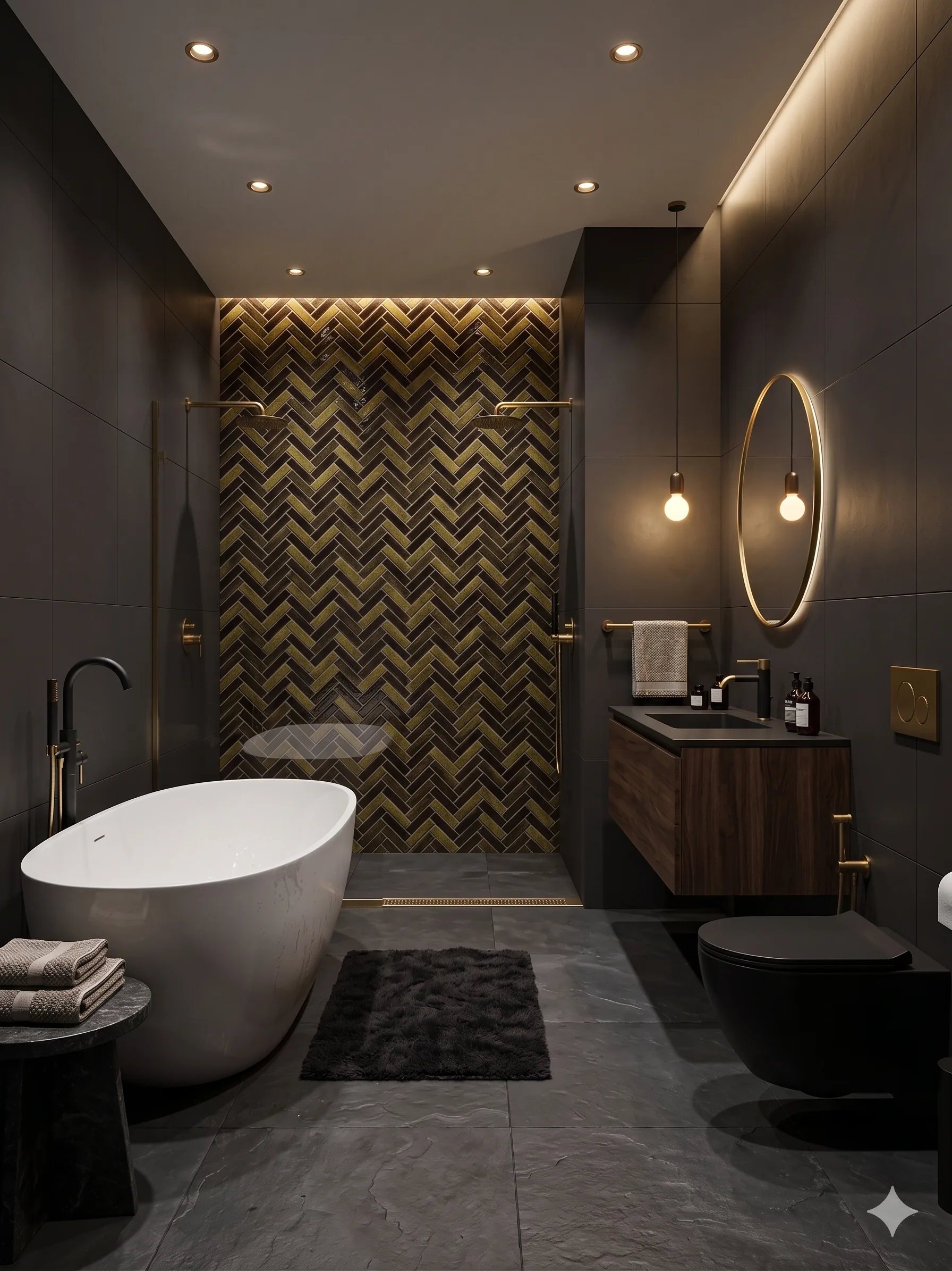 Dark herringbone mosaic wall in a bathroom