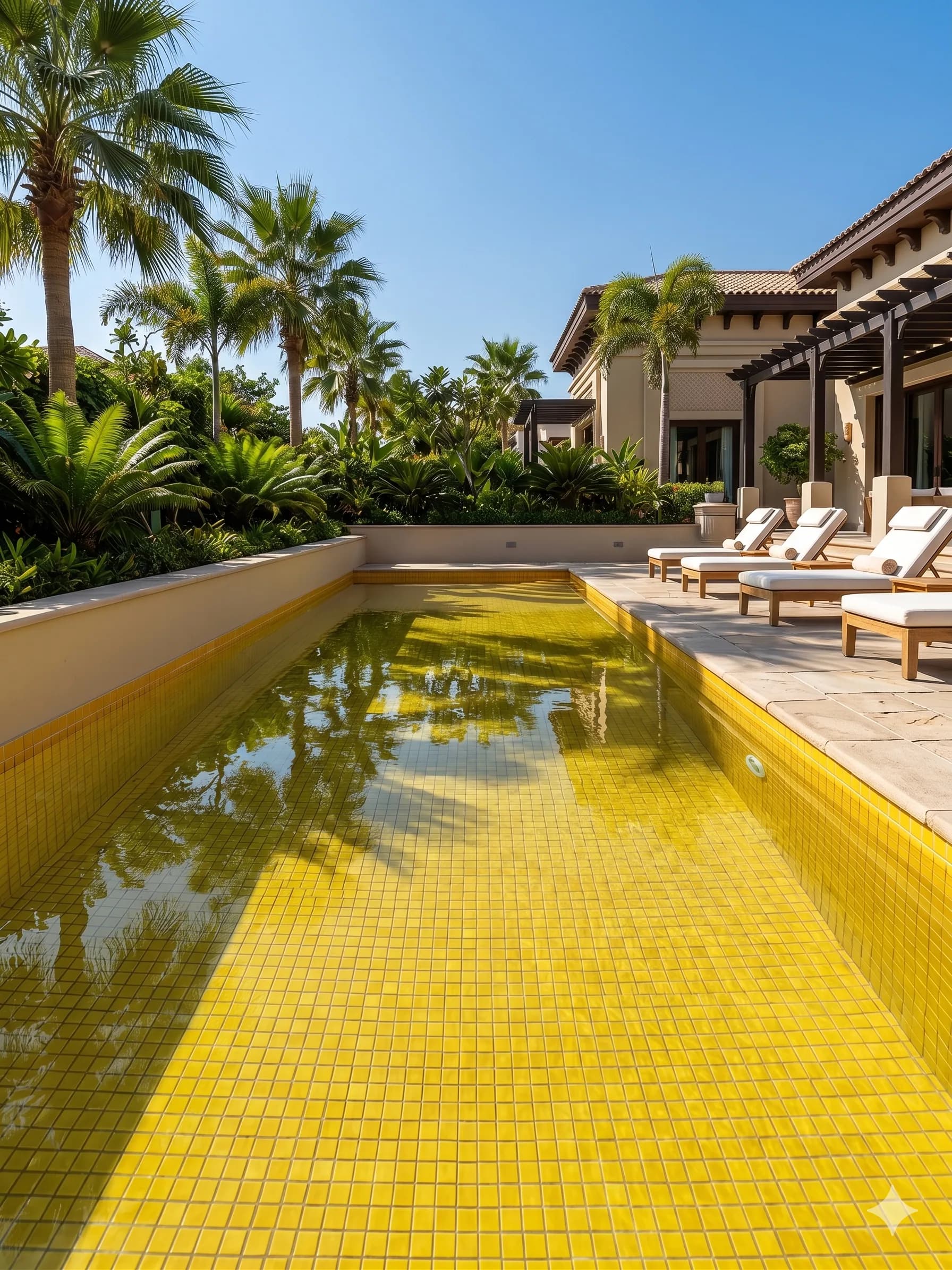 Yellow mosaic lining a resort swimming pool