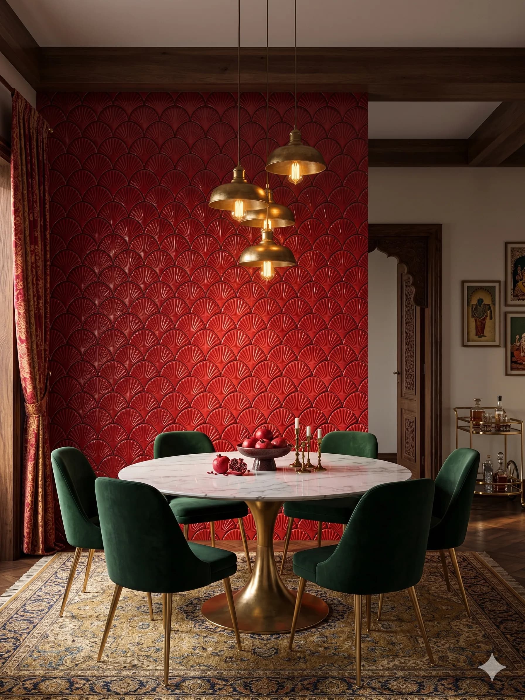 Red textured mosaic wall in a dining room