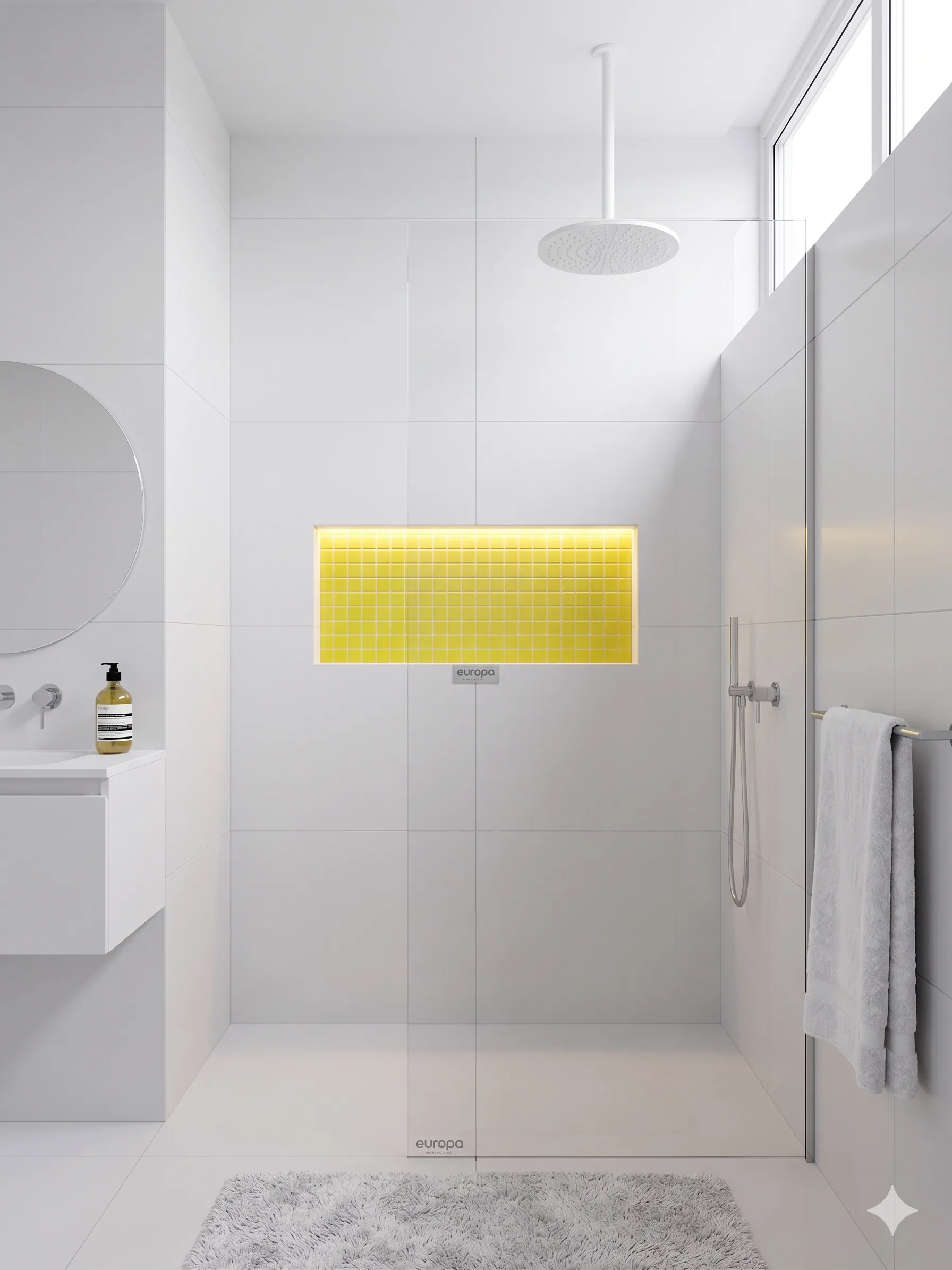 White mosaic walls in a walk-in shower