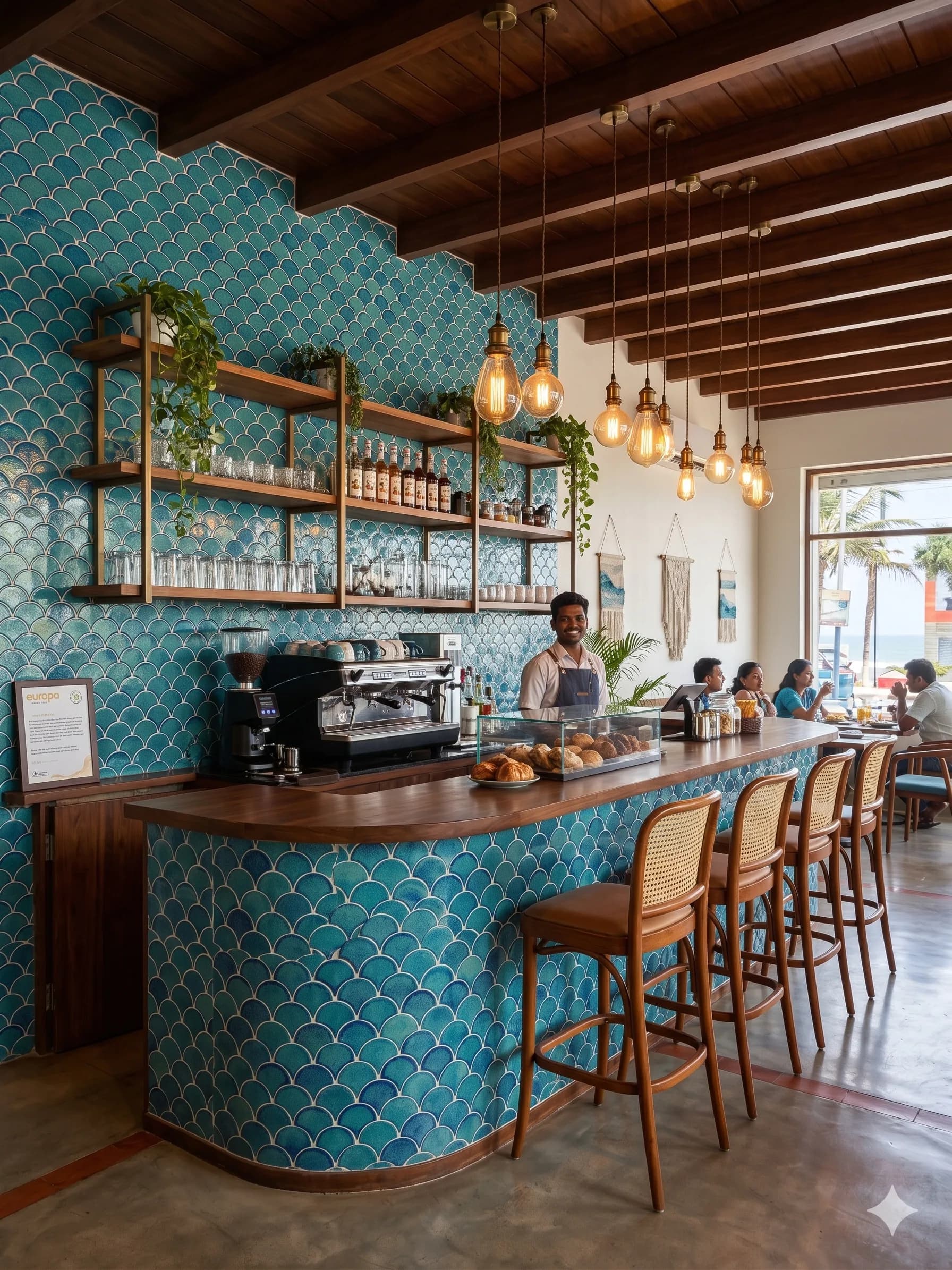 Teal mosaic counter front in a café