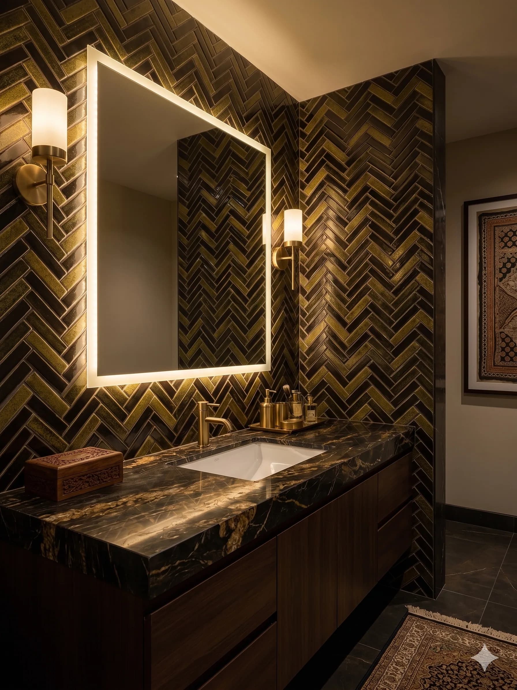 Black-and-gold herringbone mosaic behind a lit mirror