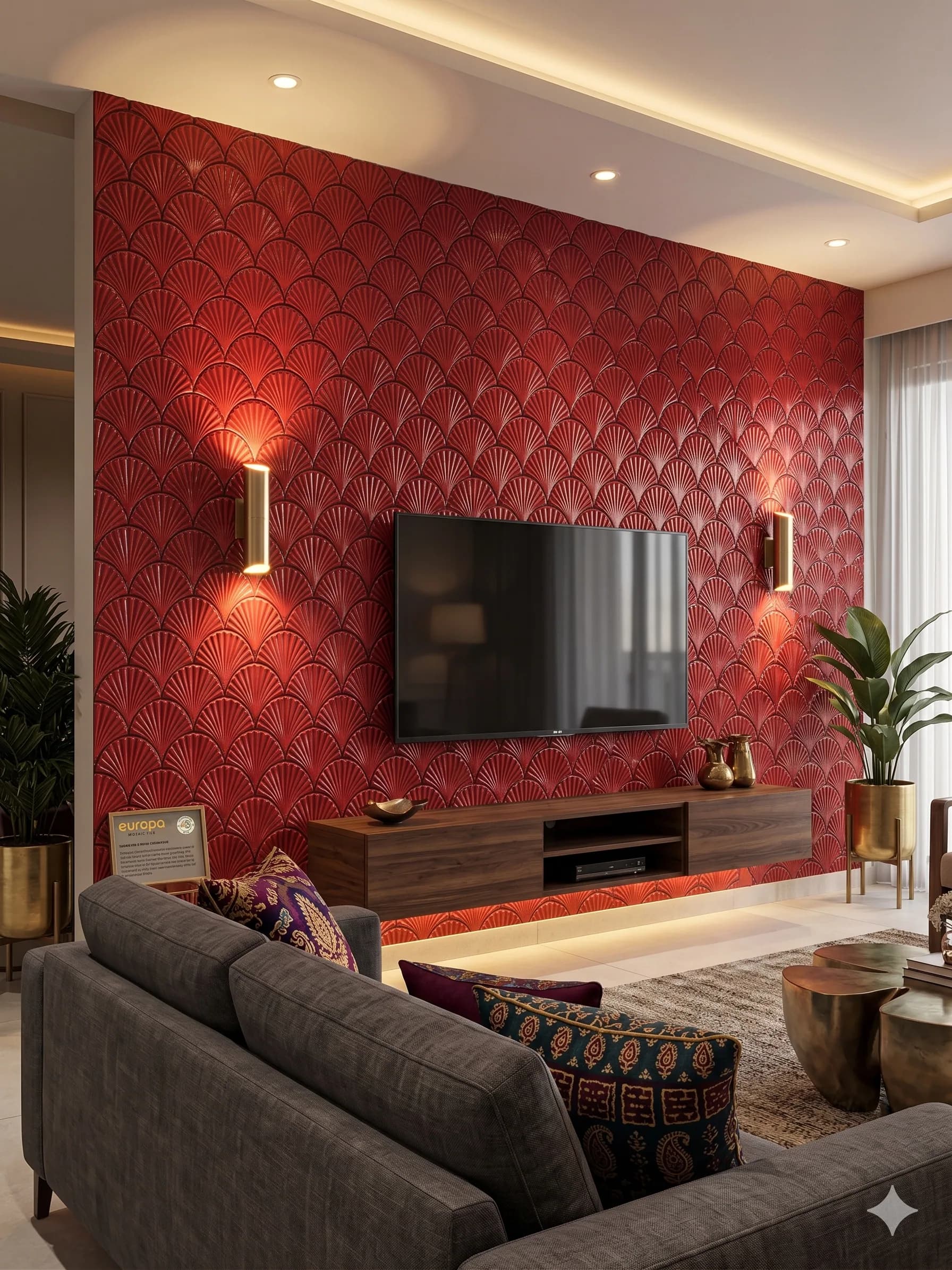 Red mosaic feature wall behind a wall-mounted television