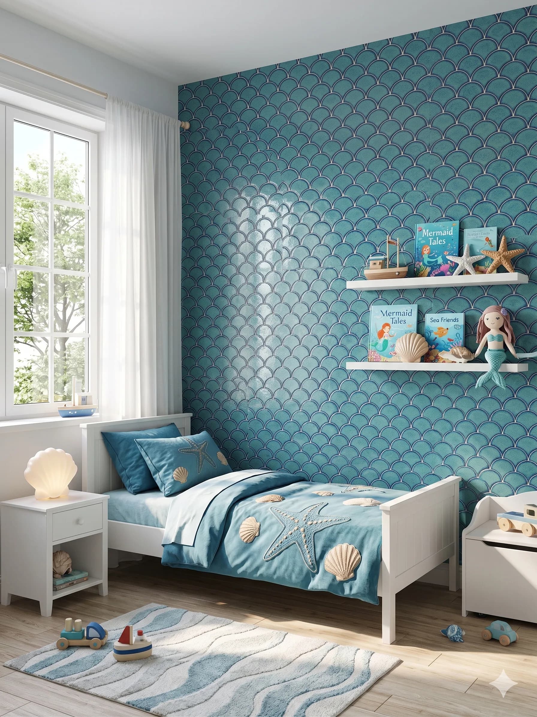 Teal fish-scale mosaic in a child's bedroom