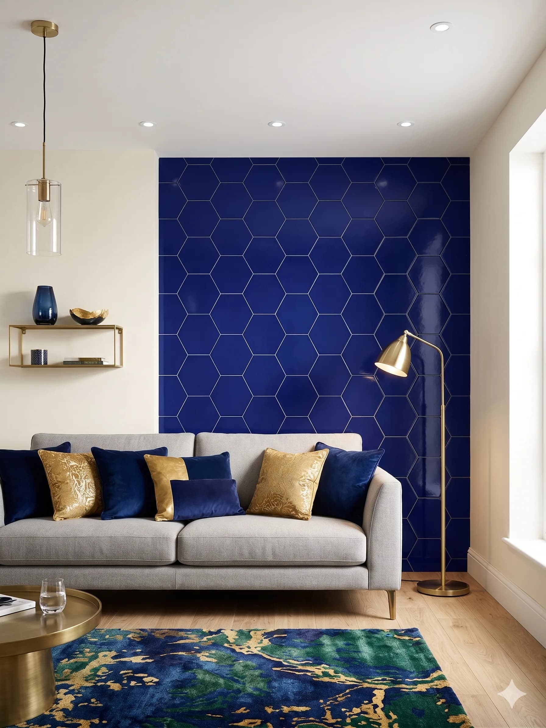 Cobalt hexagonal mosaic feature wall in a living room