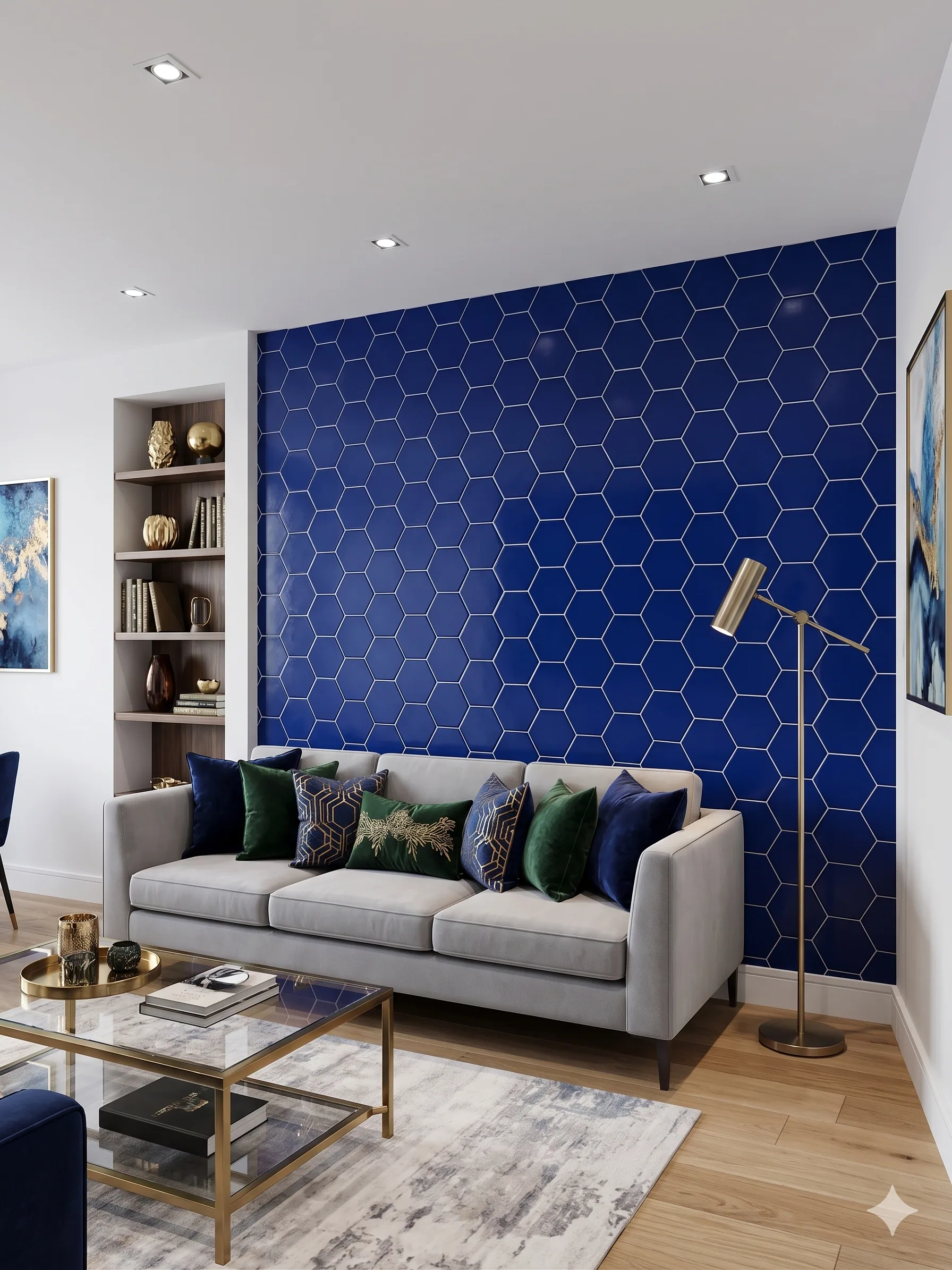 Cobalt hexagonal mosaic wall behind a sofa