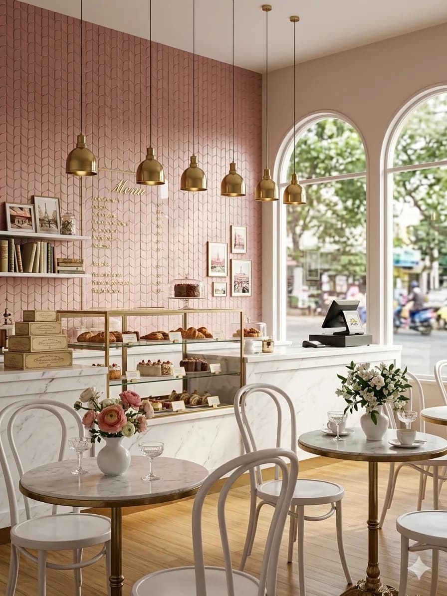 Pale pink mosaic wall in a bakery