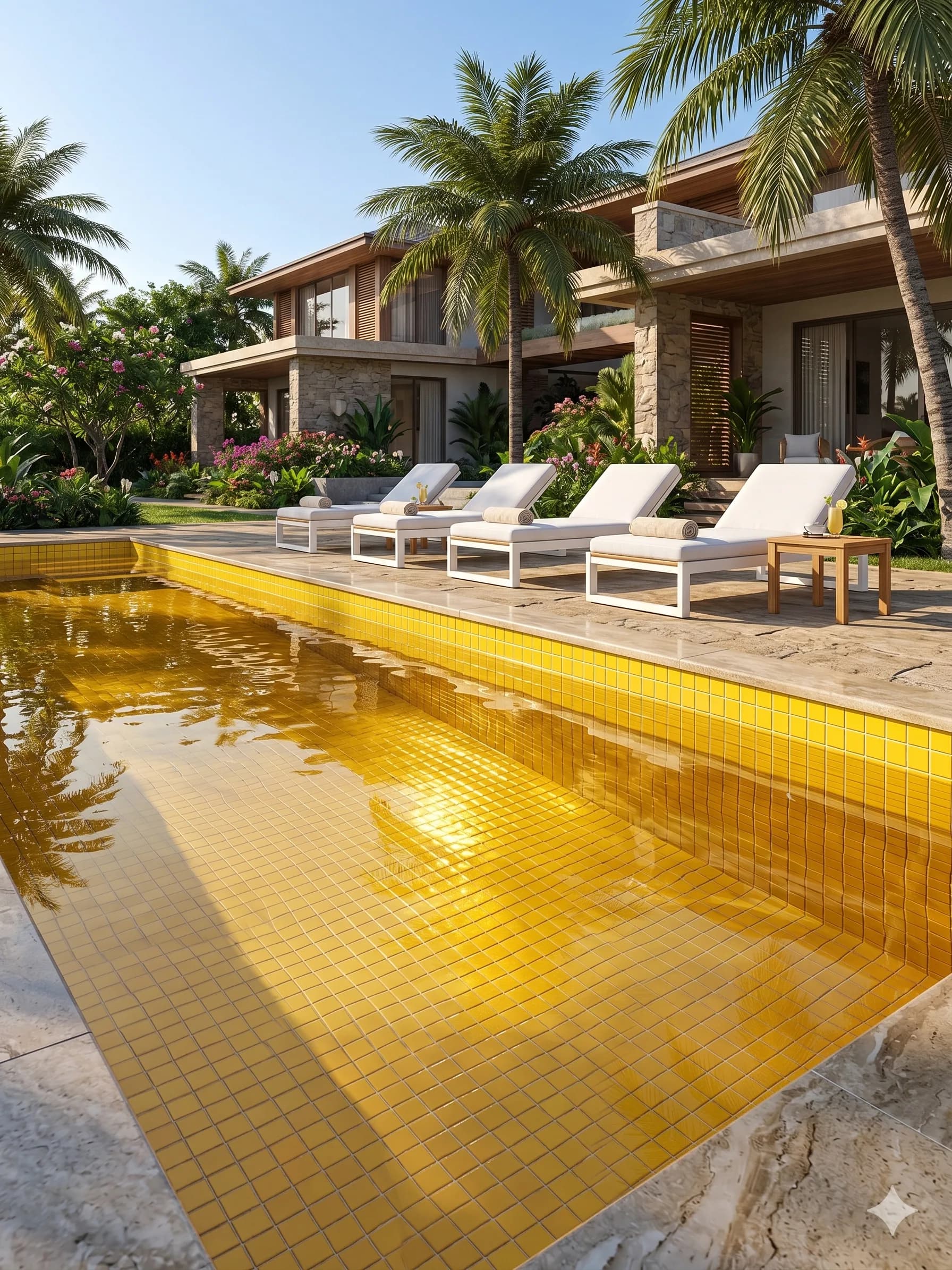 Yellow mosaic pool beside a resort building