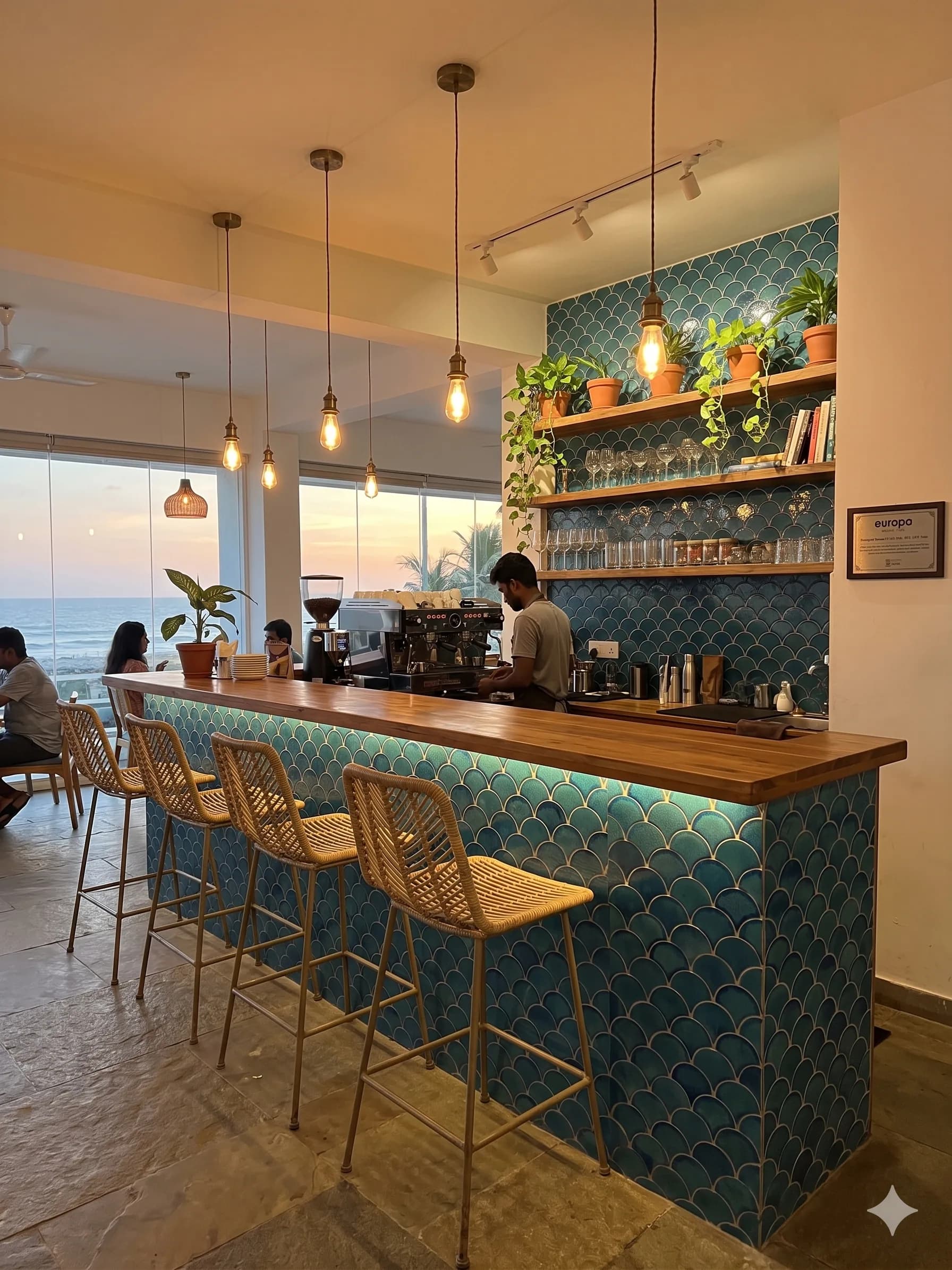 Teal mosaic bar front in a restaurant