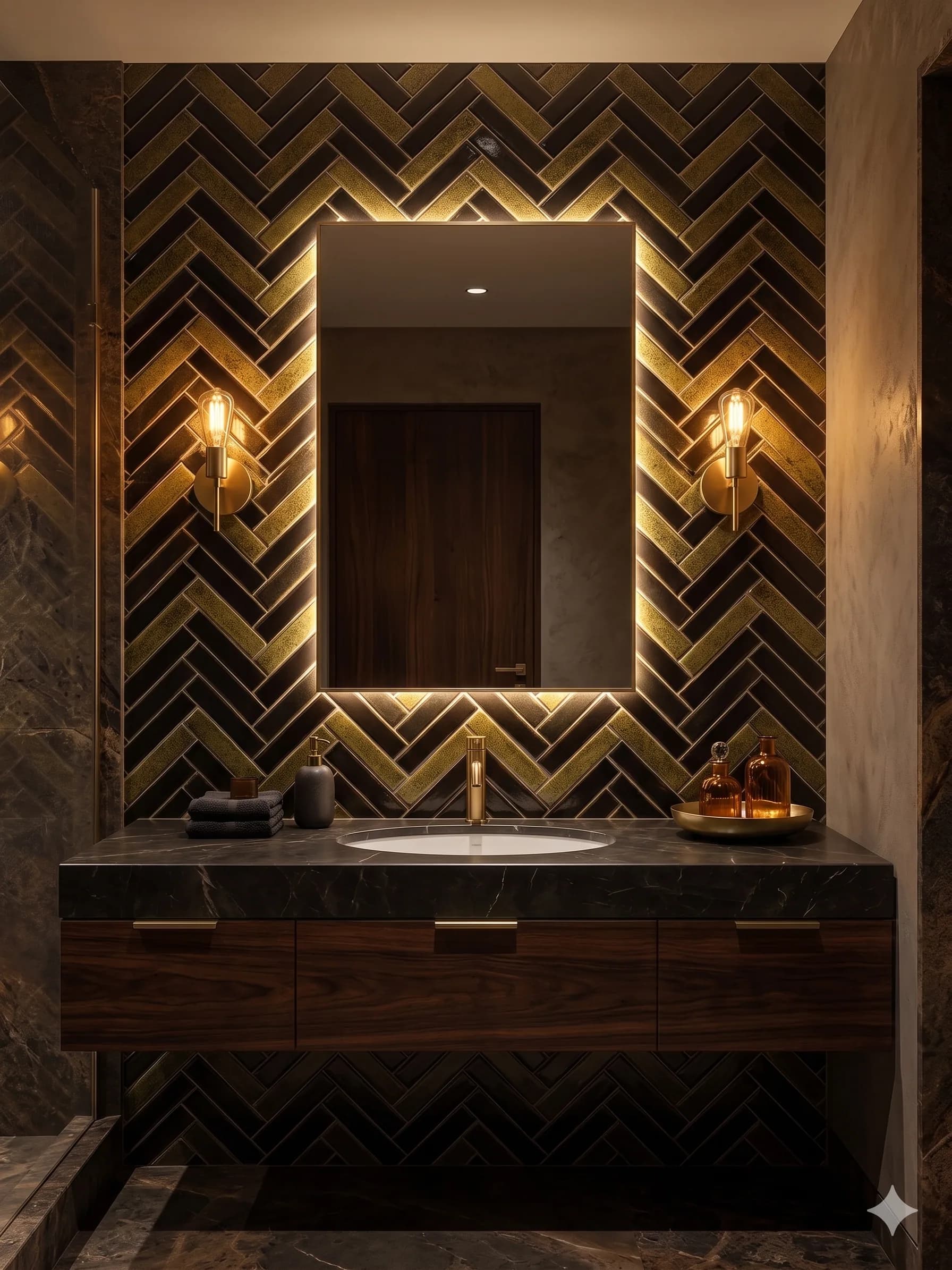 Dark herringbone mosaic behind a vanity