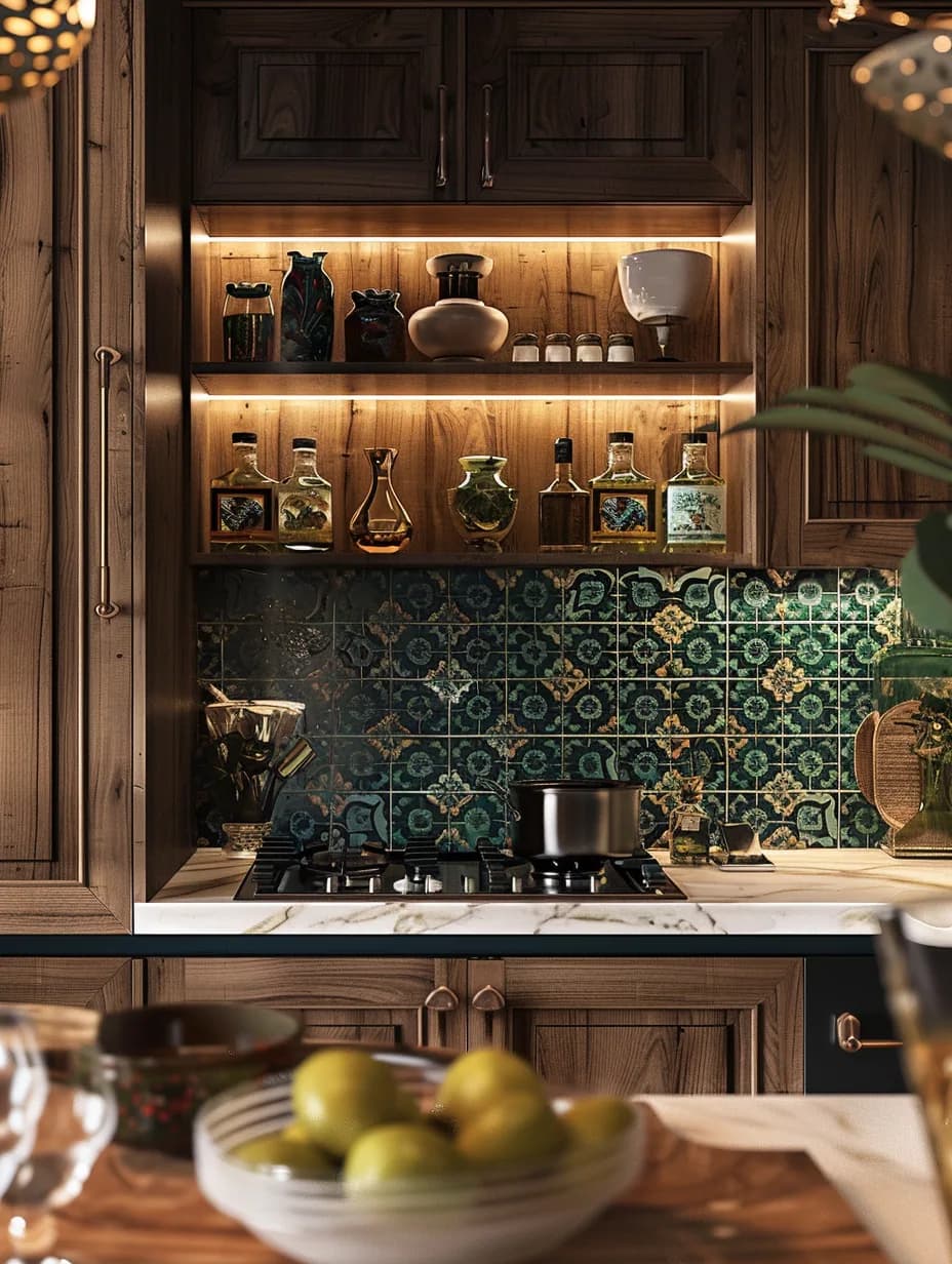 Patterned mosaic splashback in a timber kitchen