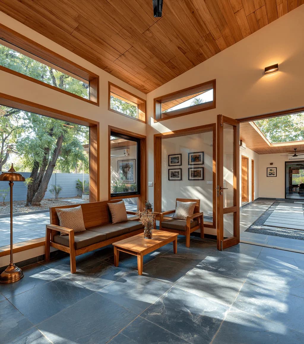Sunroom sitting area floored in dark blue-grey honed Kota stone, beneath a timber-clad vaulted ceiling