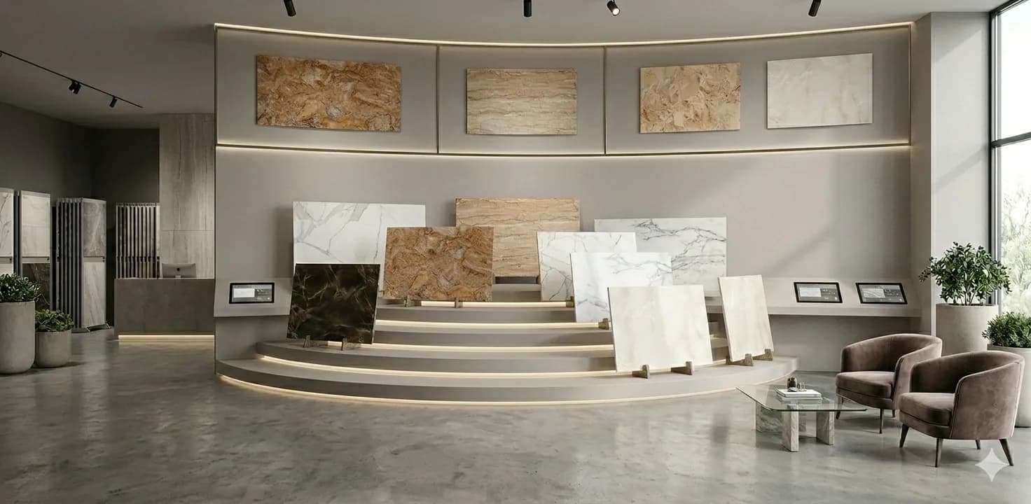 Marble and travertine slabs standing on a tiered lit display in the showroom, framed samples on the wall above and armchairs to one side