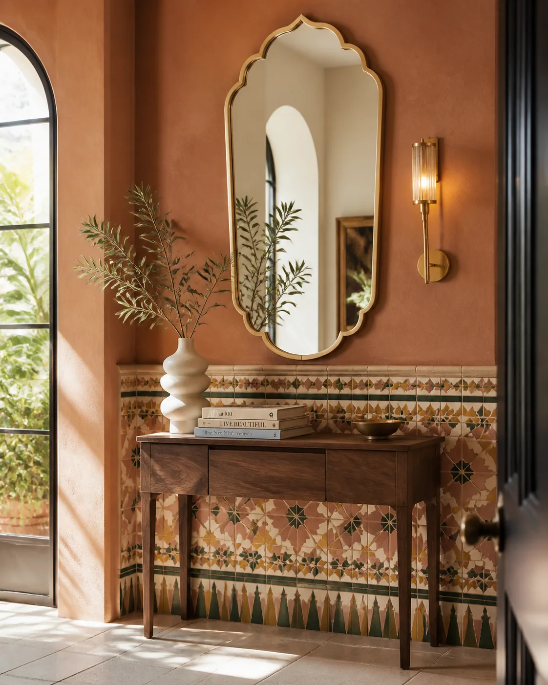 Patterned tile dado behind a console table and arched mirror