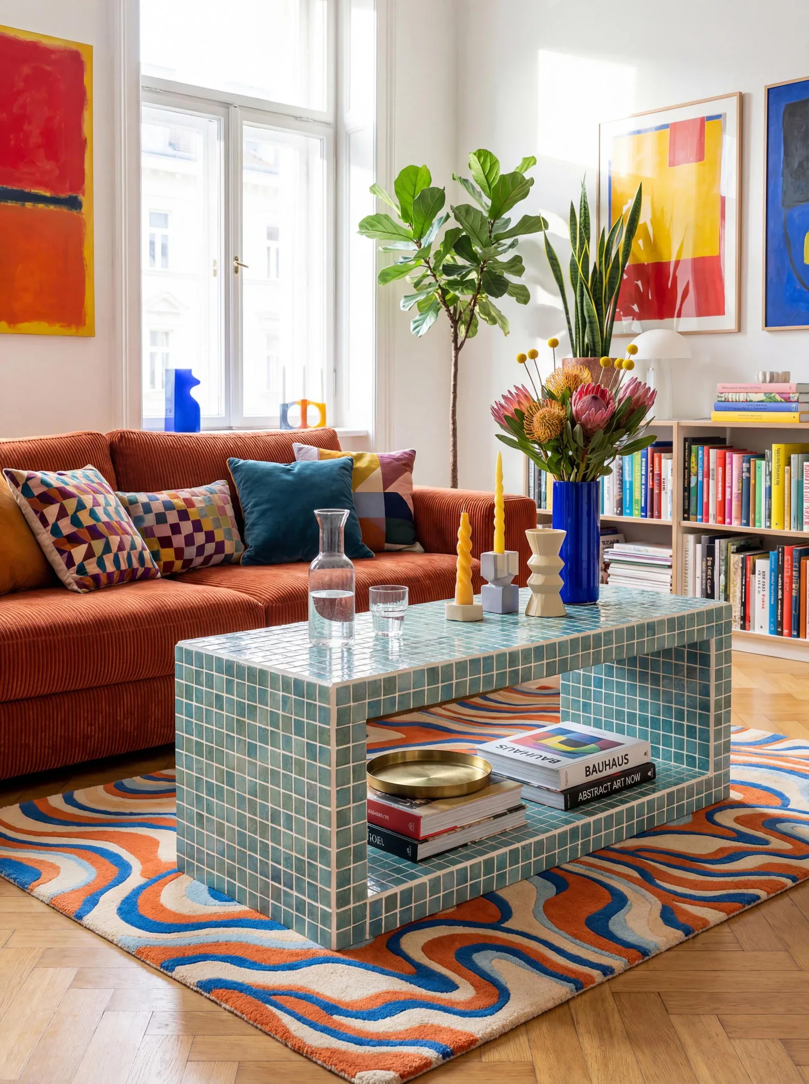 Coffee table clad in small pale-green mosaic