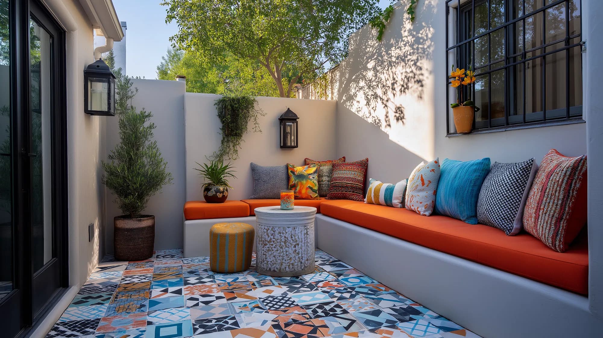 Patterned tile floor in a walled courtyard seating area