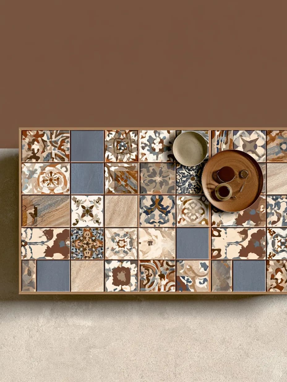 Patchwork tile panel framed and hung as wall art