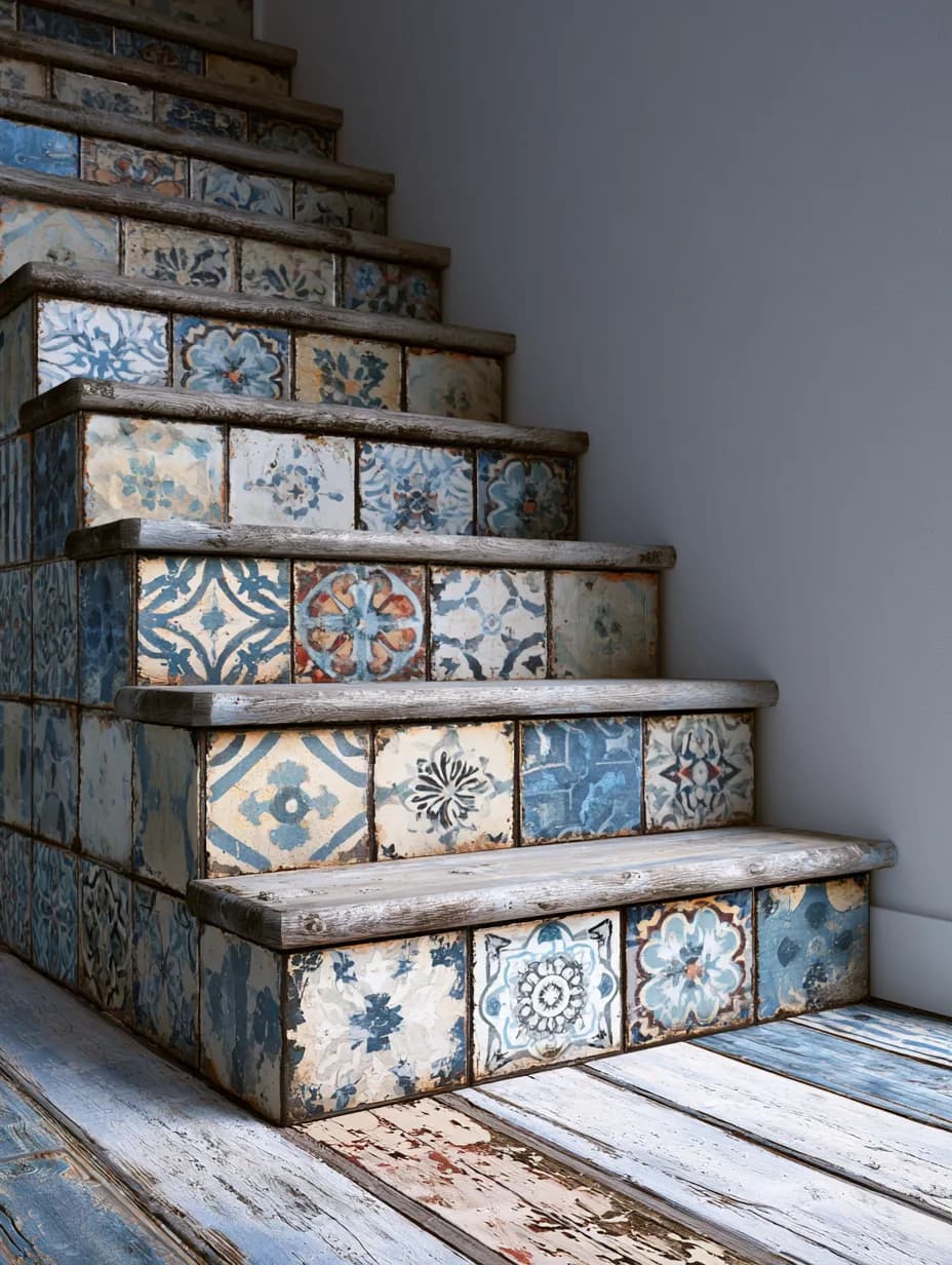 Patterned risers on a timber staircase