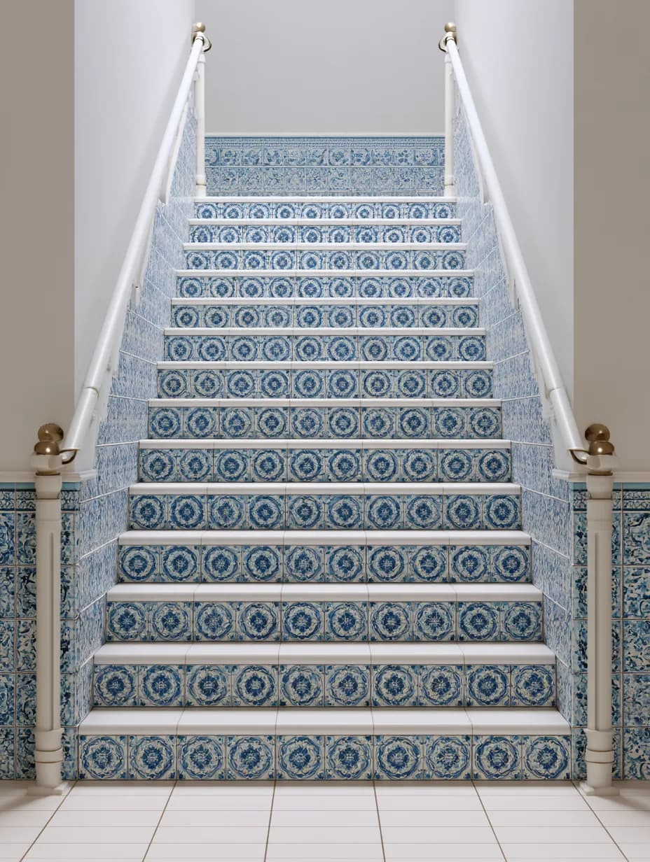 Blue patterned risers on a painted staircase