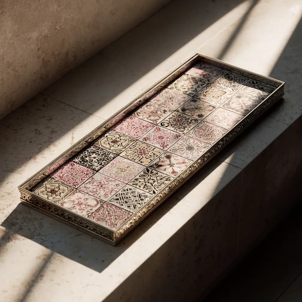 Patterned tile set into the base of a serving tray