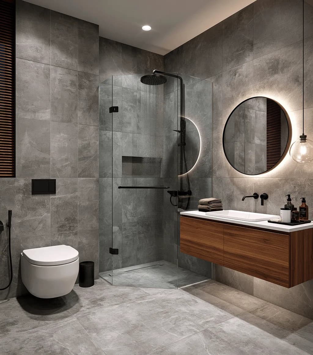 Bathroom in dark grey stone-look large-format wall and floor tile, with a glass shower, wood vanity and backlit round mirror