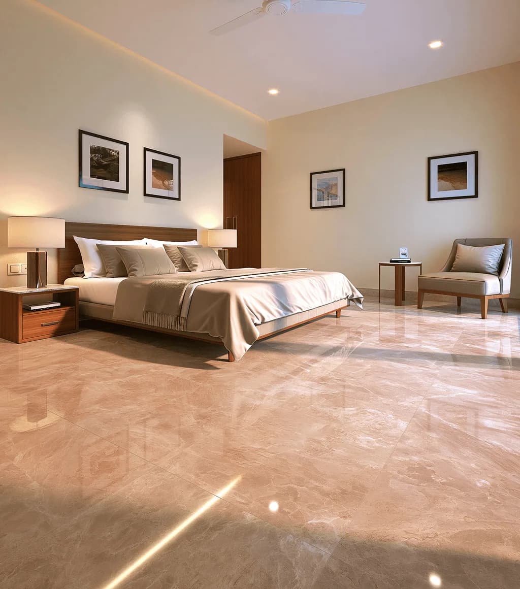 Bedroom floor in glossy pink-beige marble-look large-format tile, hotel-style room