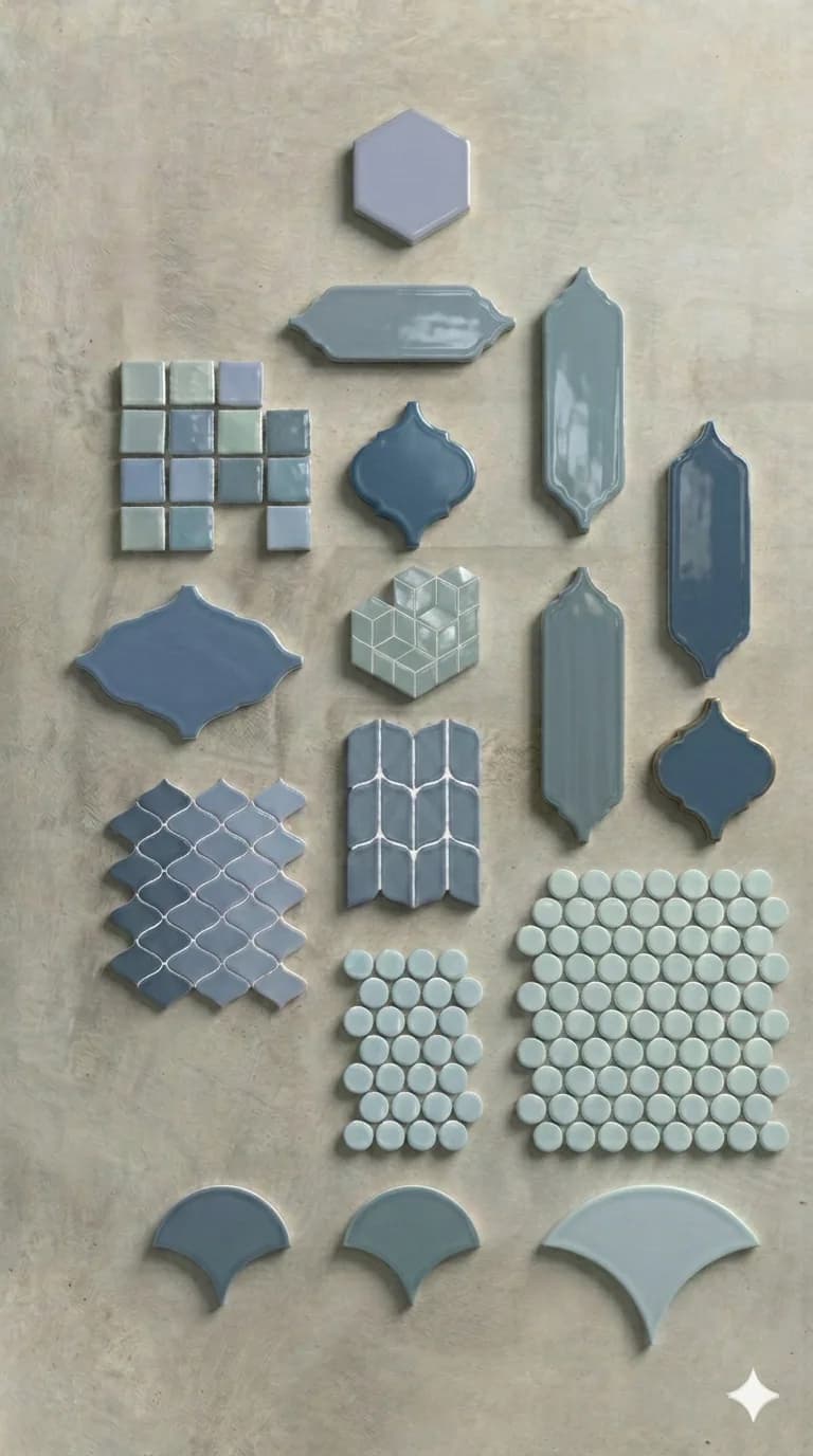 Blue and grey-green tiles in hexagon, arabesque, picket, fish-scale and penny-round shapes, arranged on a plaster ground