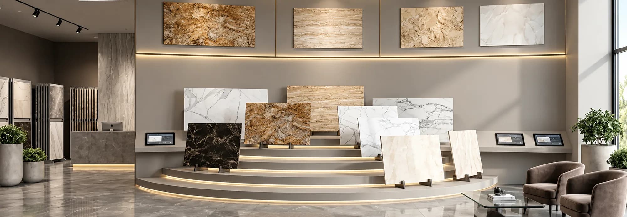 Showroom display wall of large-format slabs on lit curved steps, framed samples above them and touchscreens either side