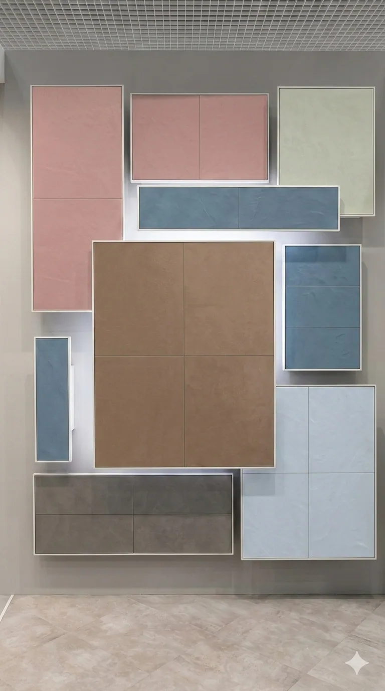 A showroom wall hung with large-format colour panels in blush, sage, blue, tan and grey