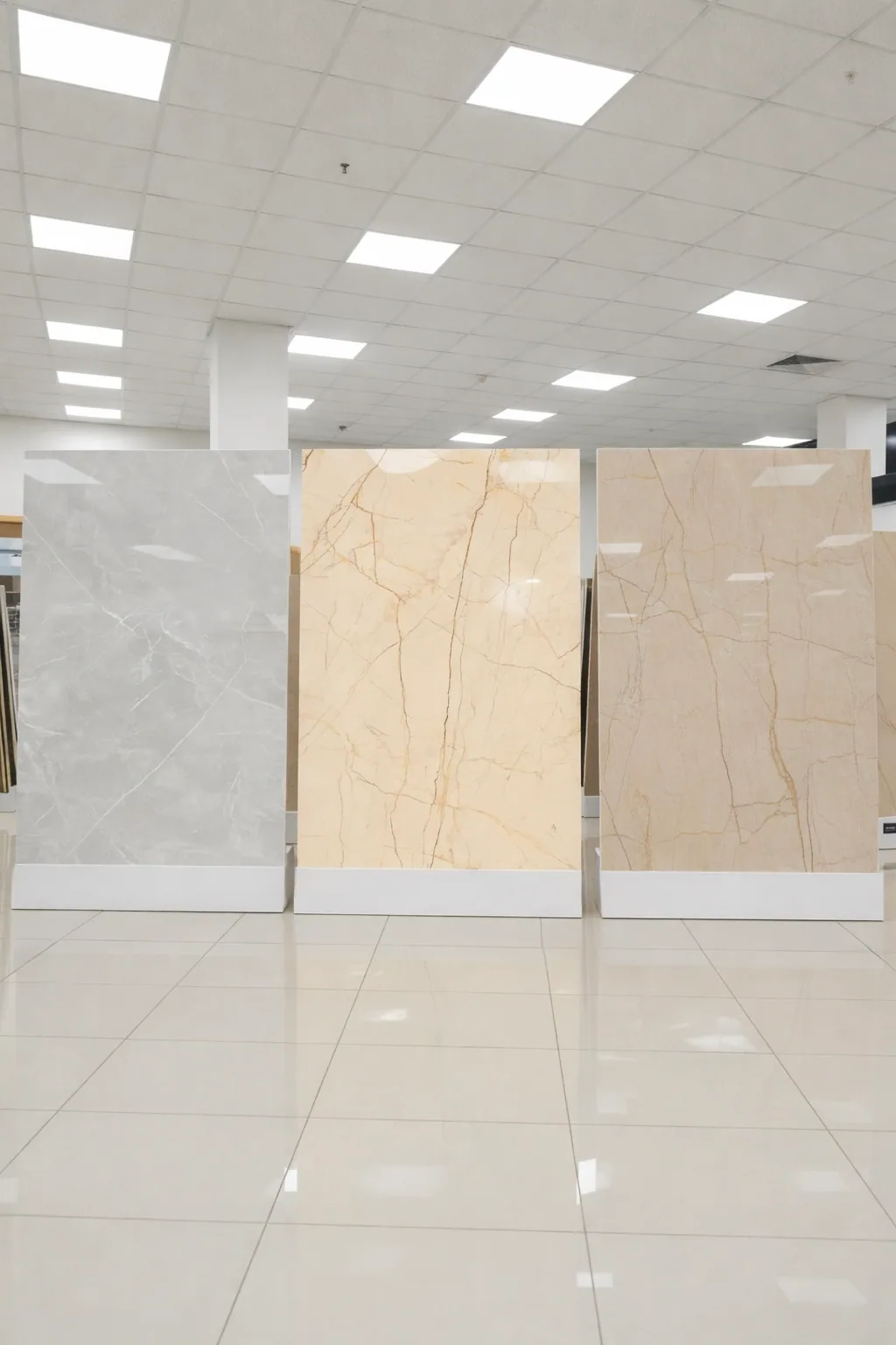Three large-format marble-look slabs in grey, cream and honey, standing on display plinths above a gloss white tiled floor