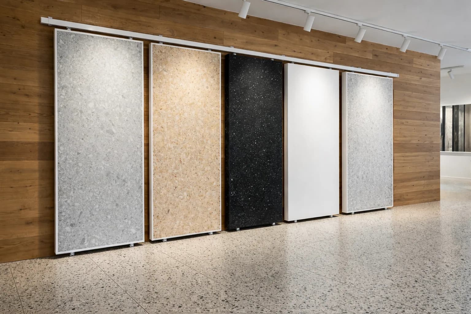 Five terrazzo-look panels in grey, sand, black, white and pale grey, hung on a rail against a timber-clad wall