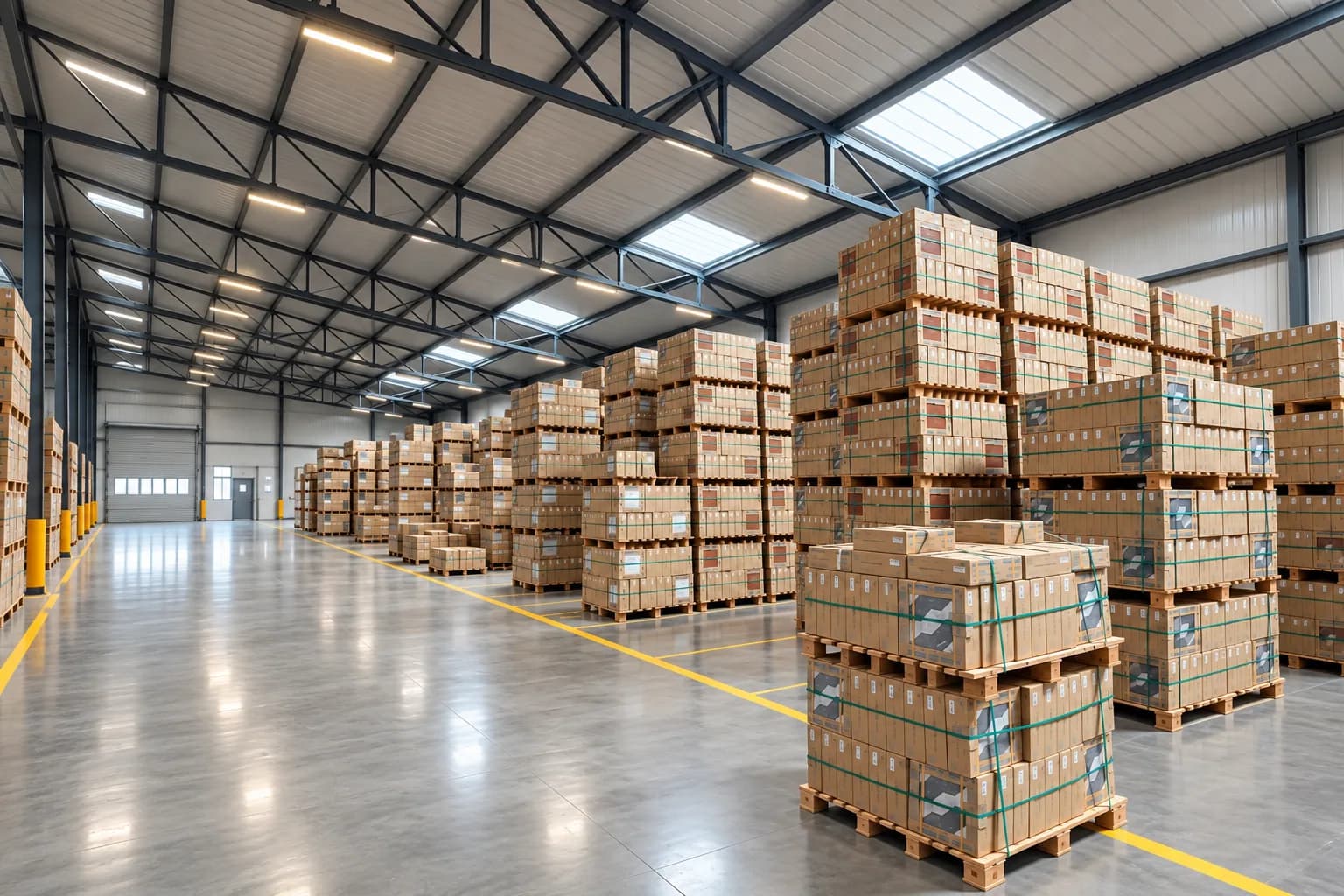 Palletised tile cartons strapped and stacked in rows down a lit warehouse aisle