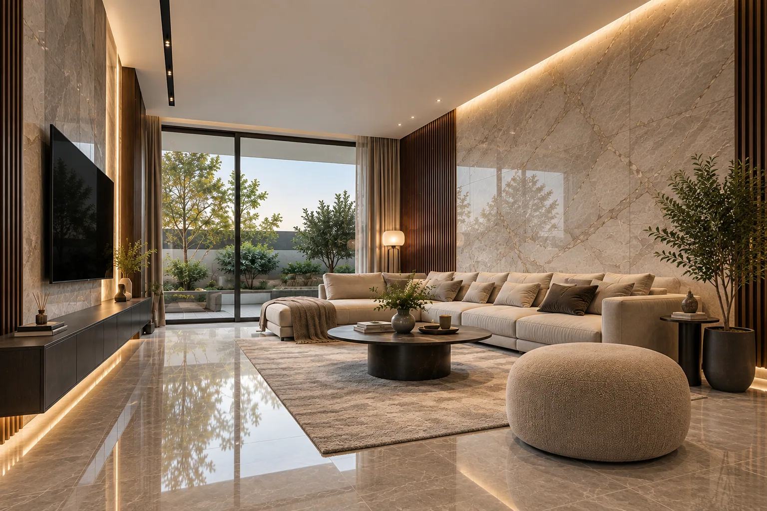 A living room with a marble feature wall and polished marble floor, opening onto a garden at dusk