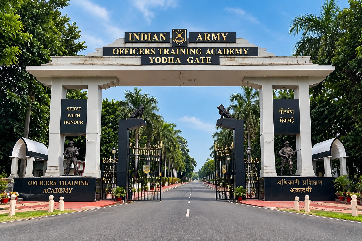 The Officers Training Academy’s Yodha Gate at St. Thomas Mount, a white stone arch with lion statues and a palm-lined road running through it