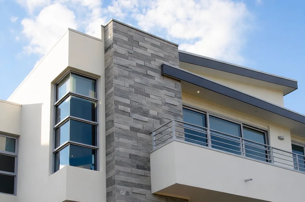 Close-up of a grey stone-clad ledger wall on a modern balcony corner, against a blue sky